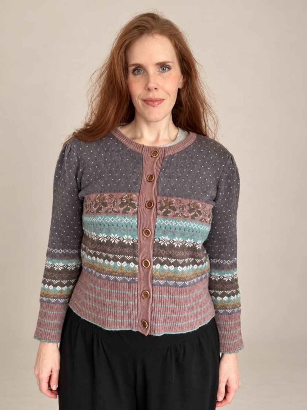 Gudrun Sjoden Vintage Wool Cotton Purple Cardigan Sweater Nordic XL Floral